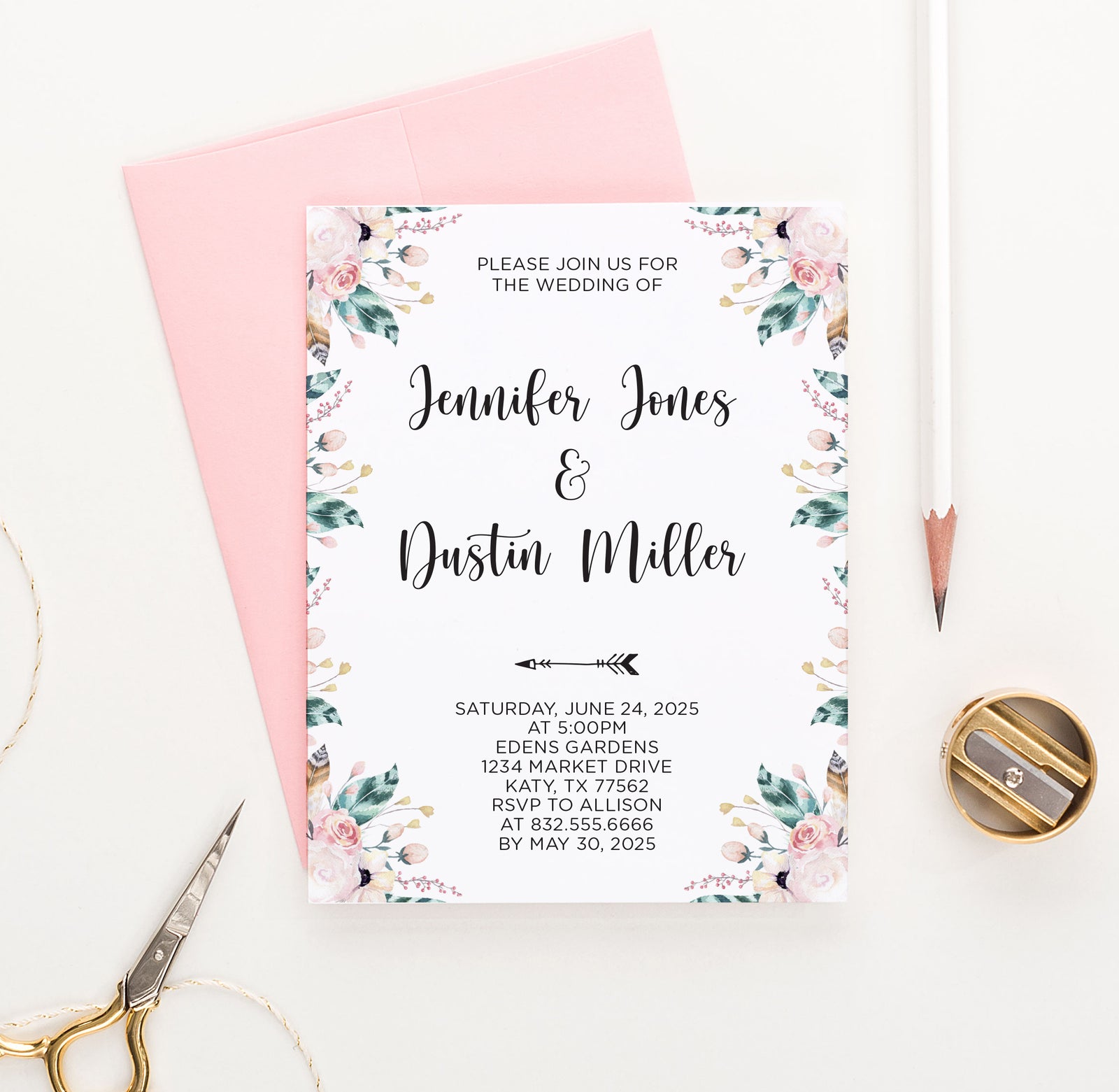 WI061 Personalized Floral Bohemian Wedding Invitation invite invites florals flower boho cute marriage