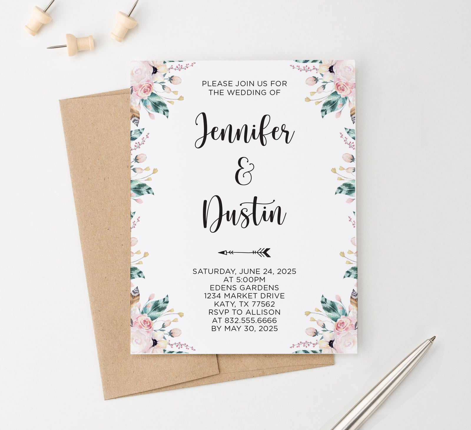 WI061 Personalized Floral Bohemian Wedding Invitation invite invites florals flower boho cute marriage
