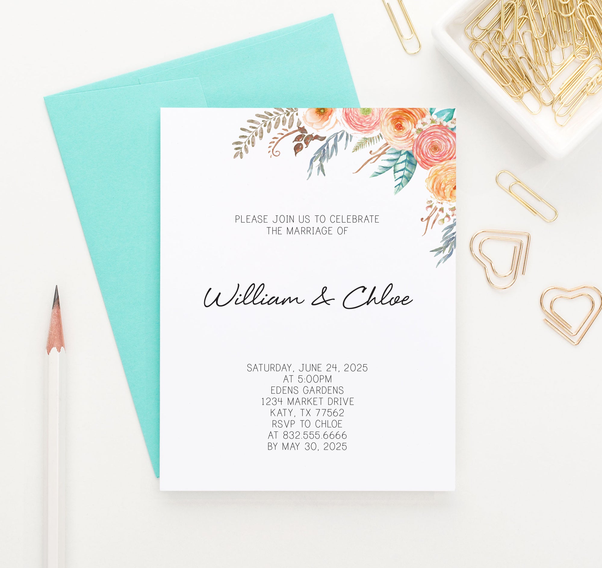 WI062 Cute Bohemian Floral Wedding Invites Personalized boho marriage invitations florals flower flowers