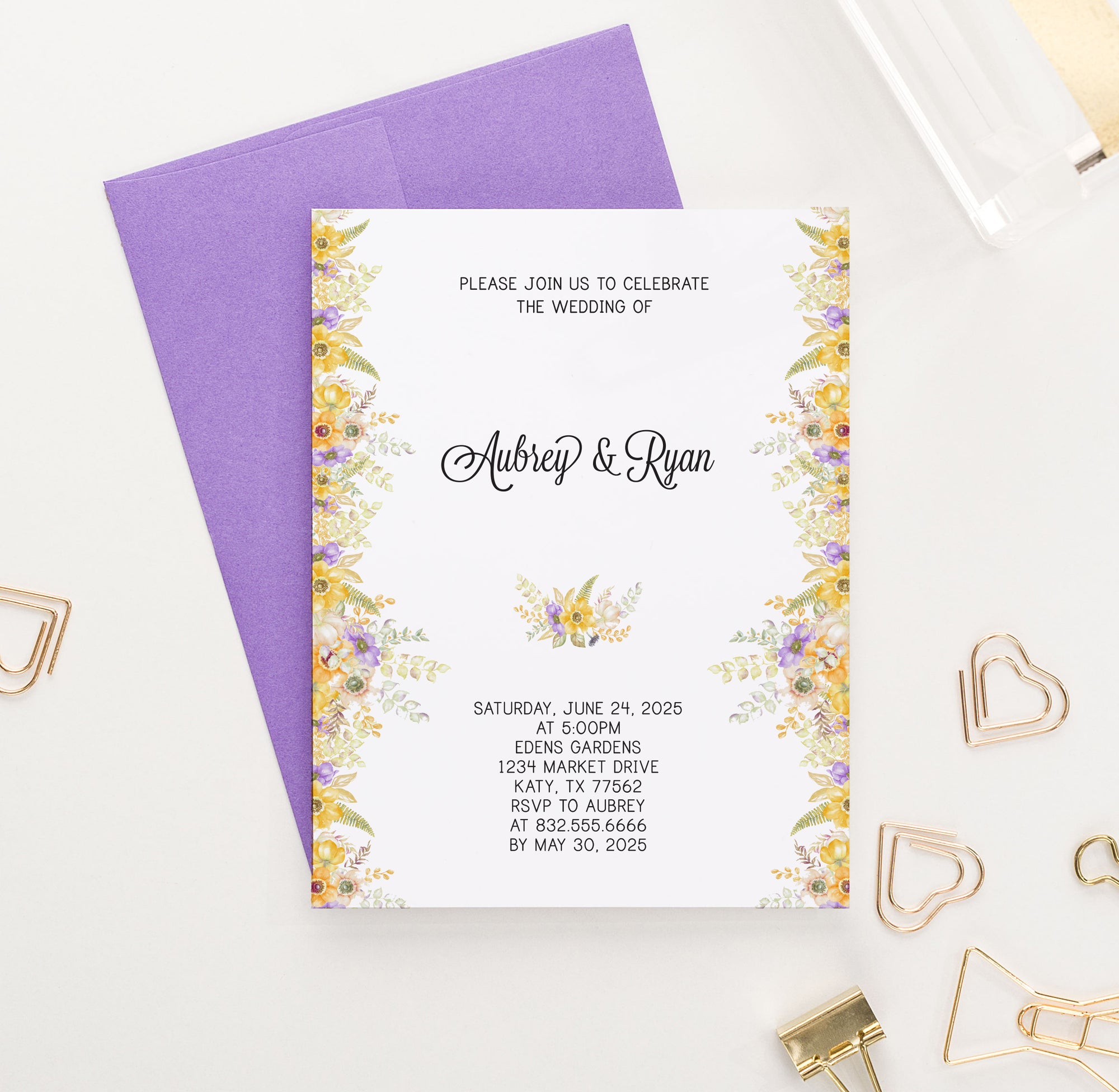 WI063 Personalized Yellow and Purple Floral Wedding Invitations invites marriage florals flower flowers elegant modern wild