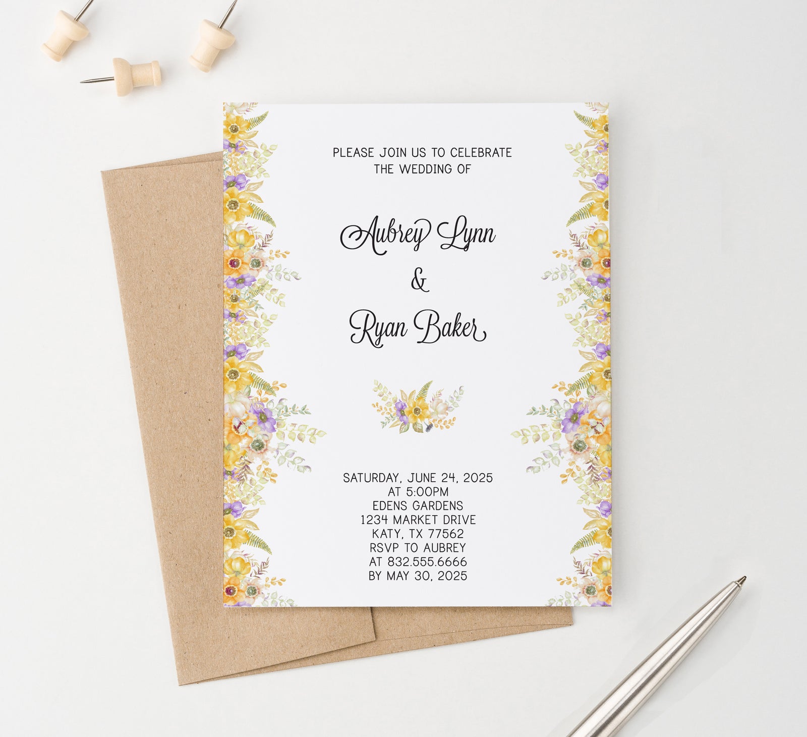 WI063 Personalized Yellow and Purple Floral Wedding Invitations invites marriage florals flower flowers elegant modern wild