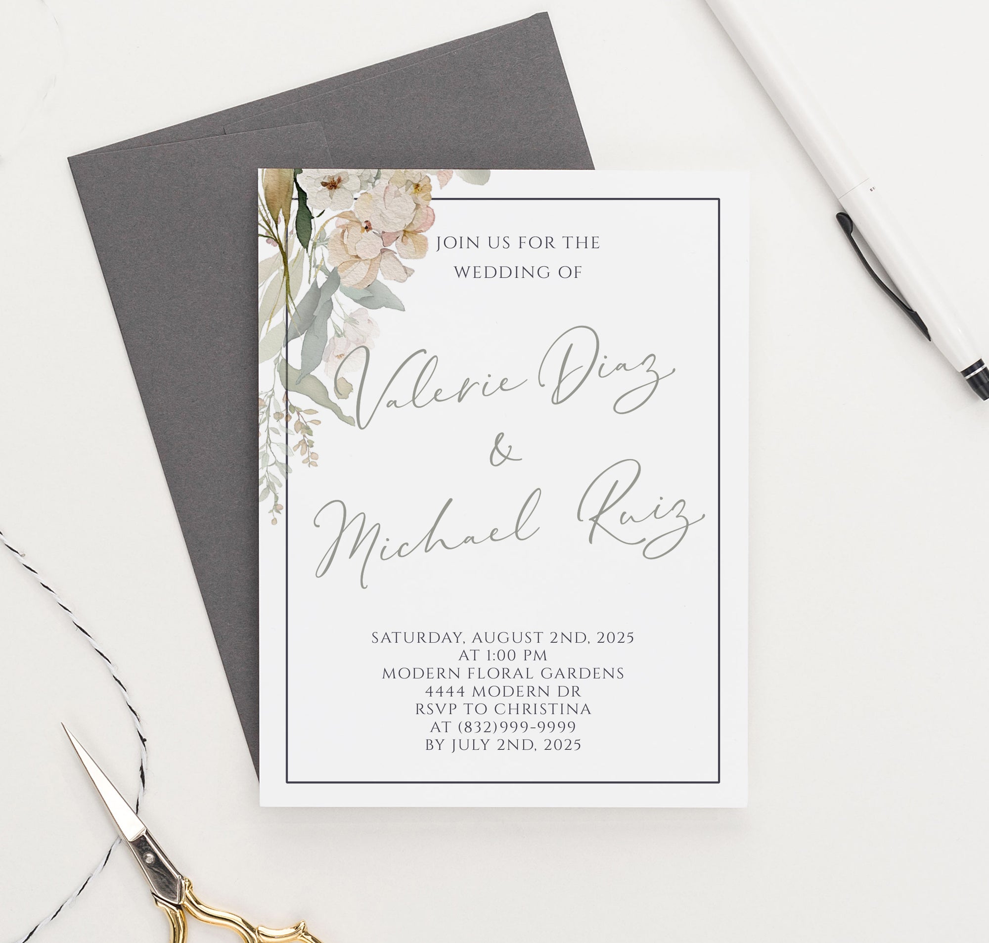 WI064 Elegant Wildflower Greenery wedding invitations with Border floral classy couples marriage wild flower
