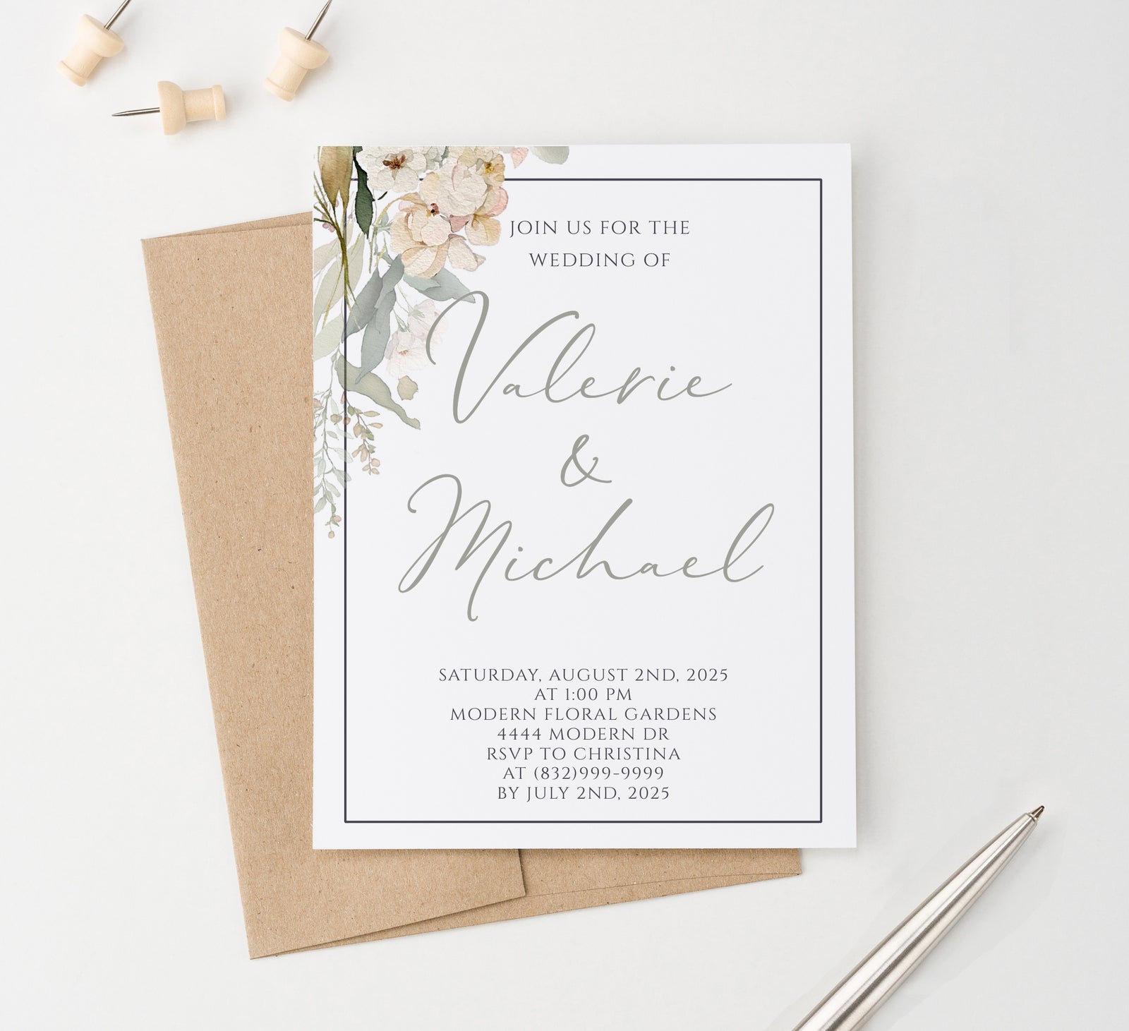 WI064 Elegant Wildflower Greenery wedding invitations with Border floral classy couples marriage wild flower