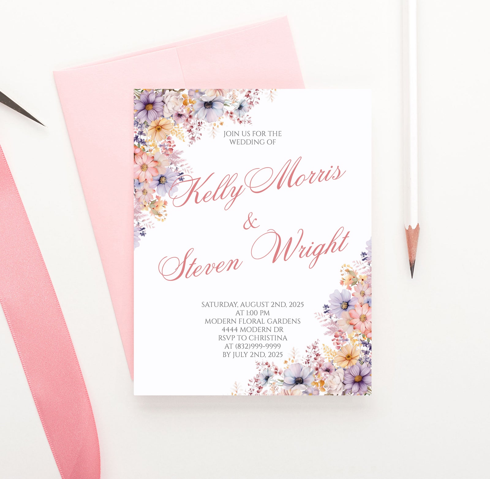 Personalized Traditional Wedding Invitations with Peach Purple Florals