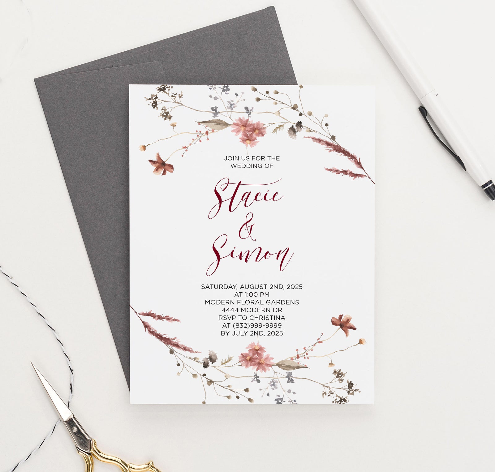 Rustic Simple Wedding Invitations with Wildflowers