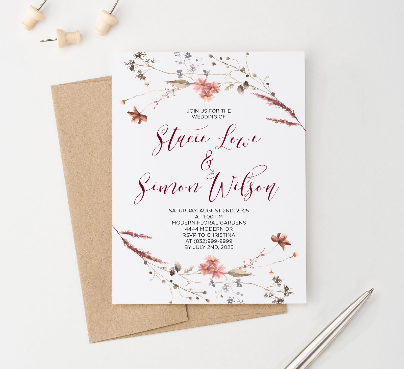 Rustic Simple Wedding Invitations with Wildflowers