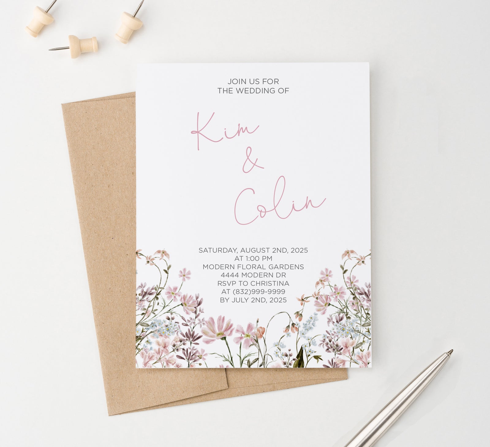 Wildflower Pink Wedding Invitation Delicate