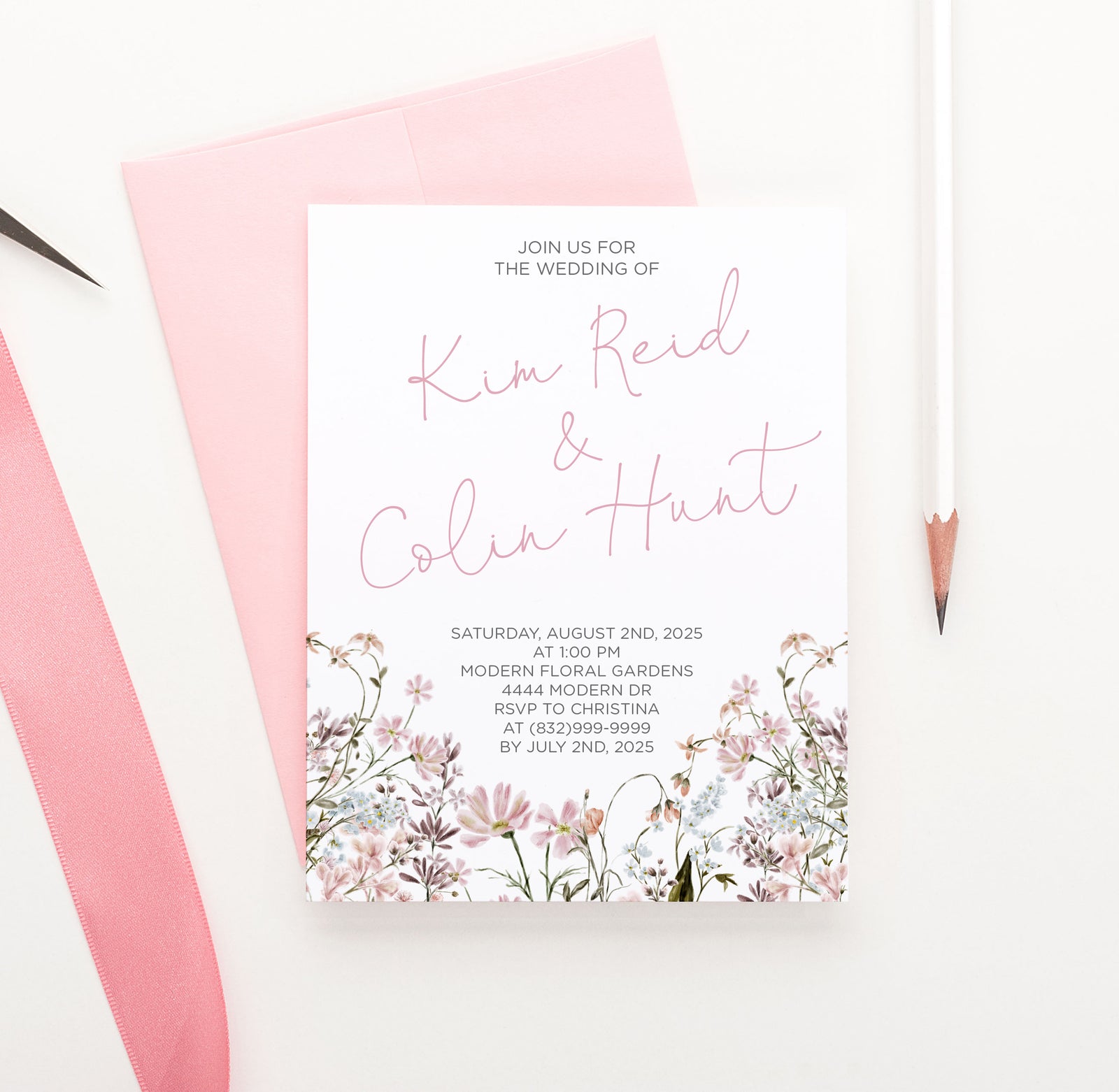 Wildflower Pink Wedding Invitation Delicate