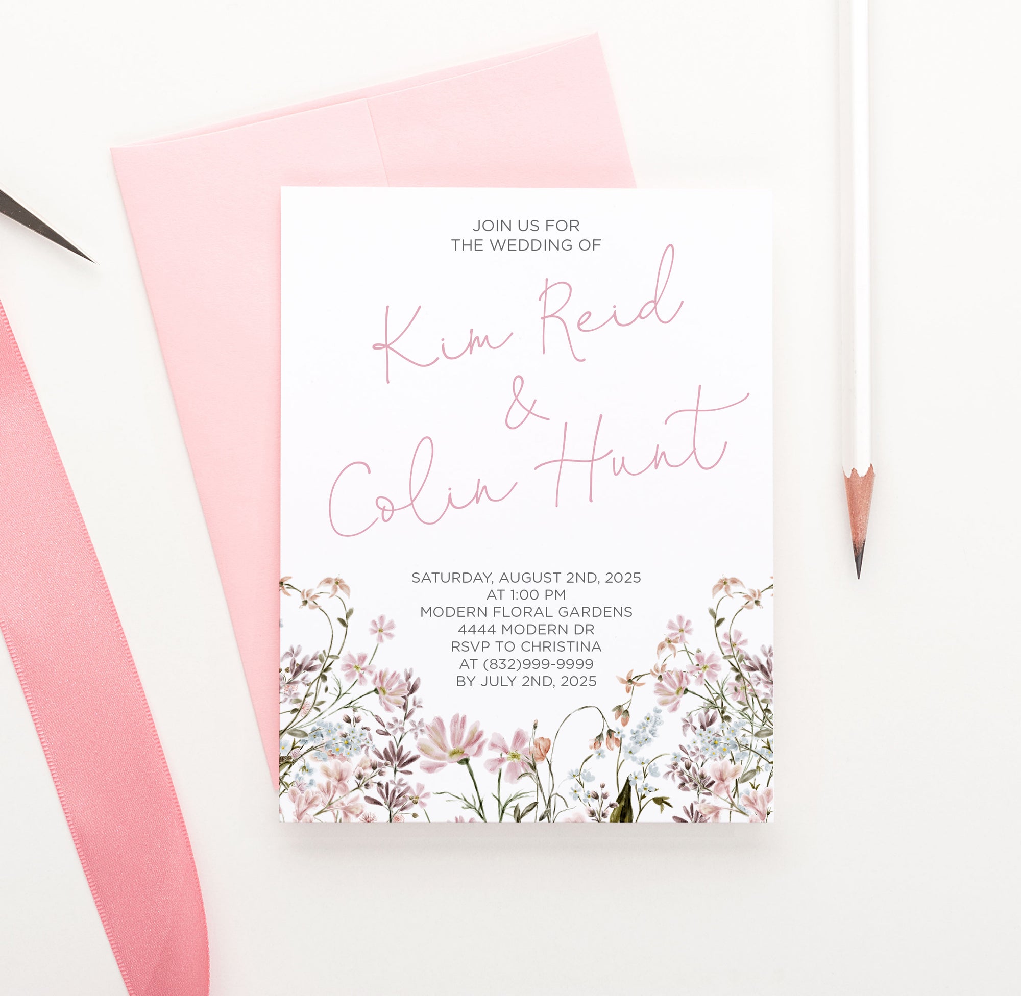 Wildflower Pink Wedding Invitation Delicate