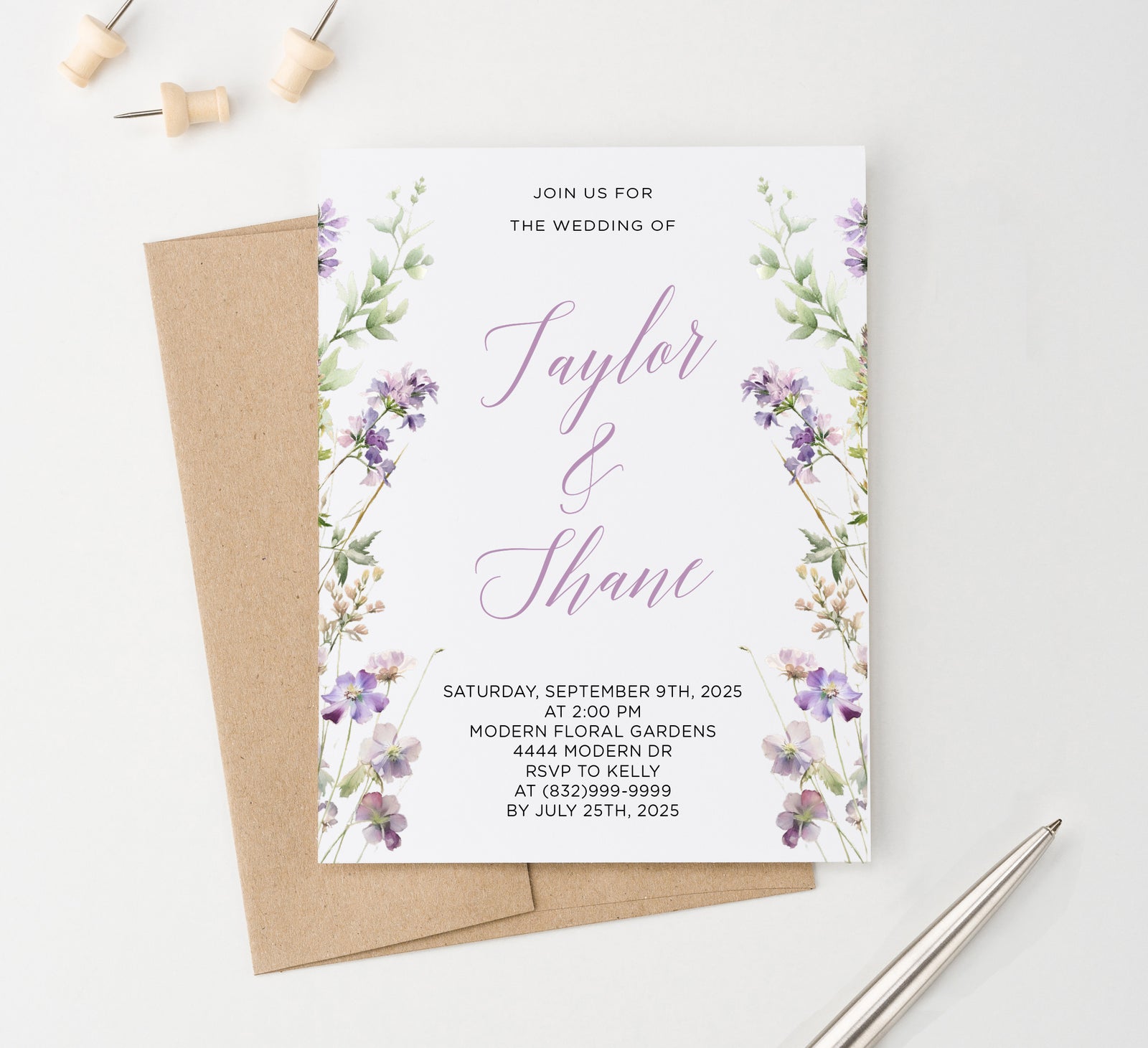 Sophisticated Purple Wedding Invitations with Florals