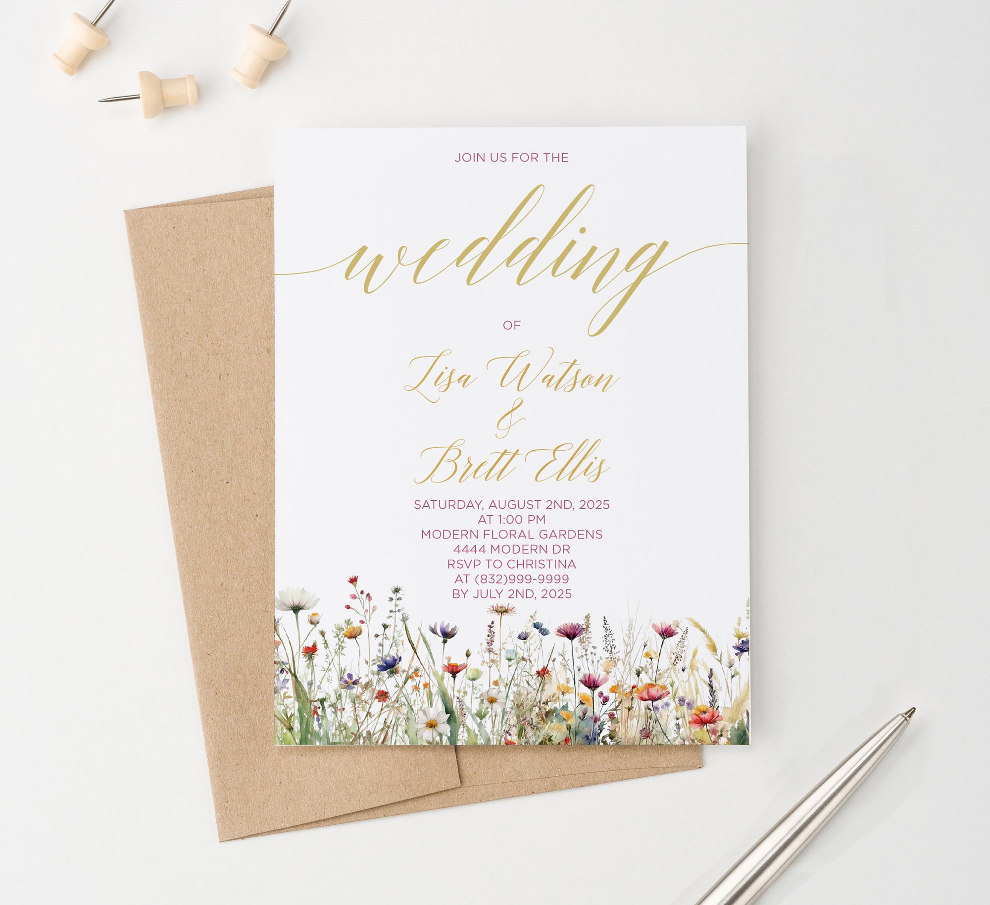 Effortless Gold Wedding Invitation with Wildflowers