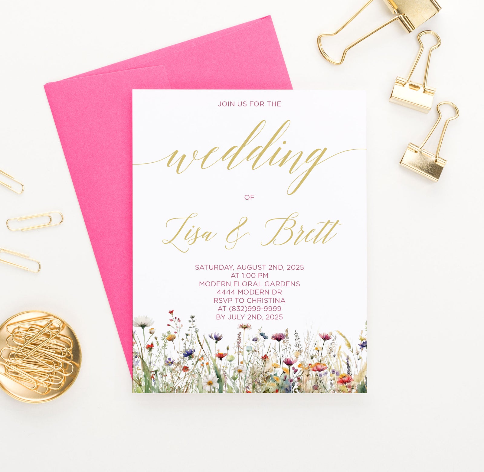 Effortless Gold Wedding Invitation with Wildflowers