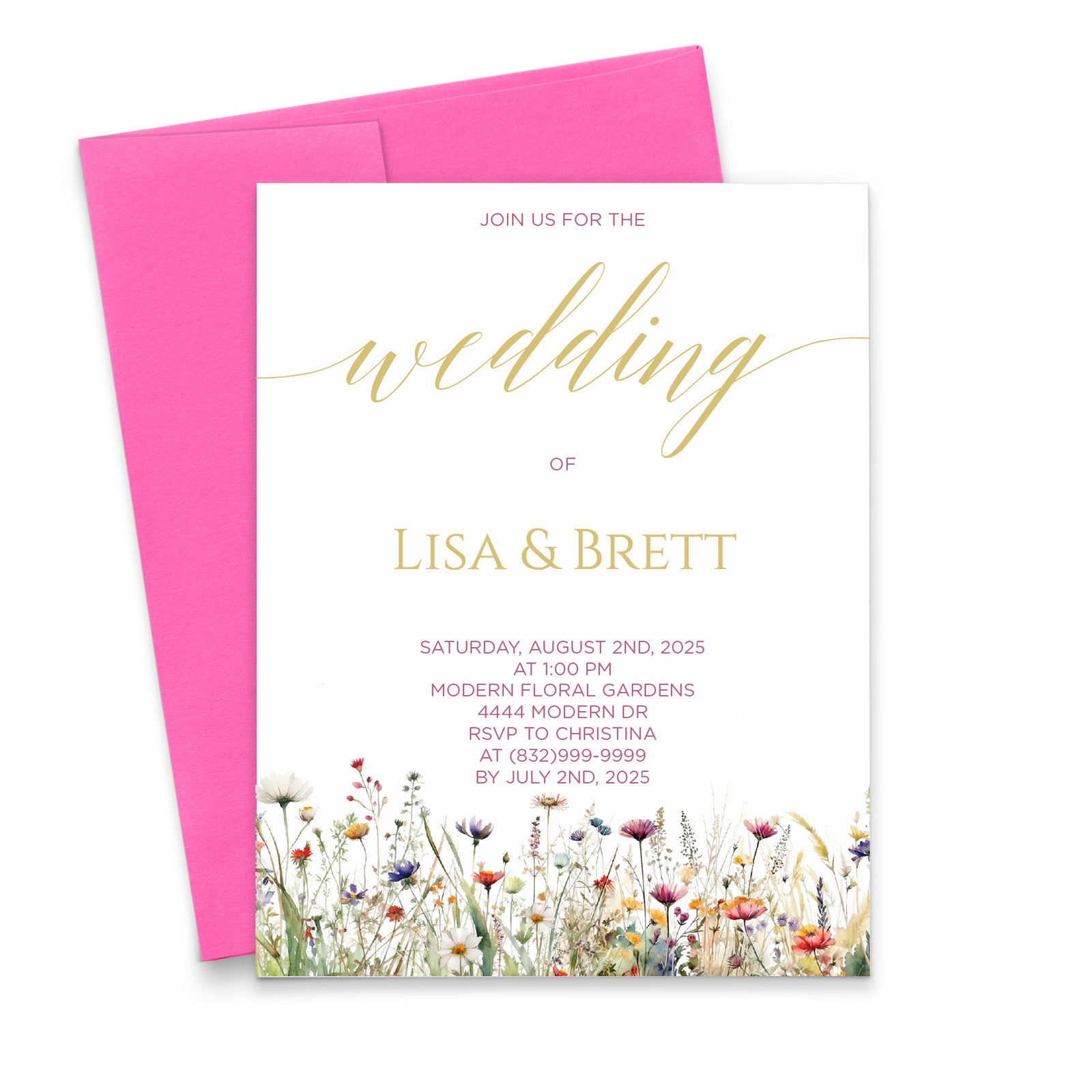 Effortless Gold Wedding Invitation with Wildflowers