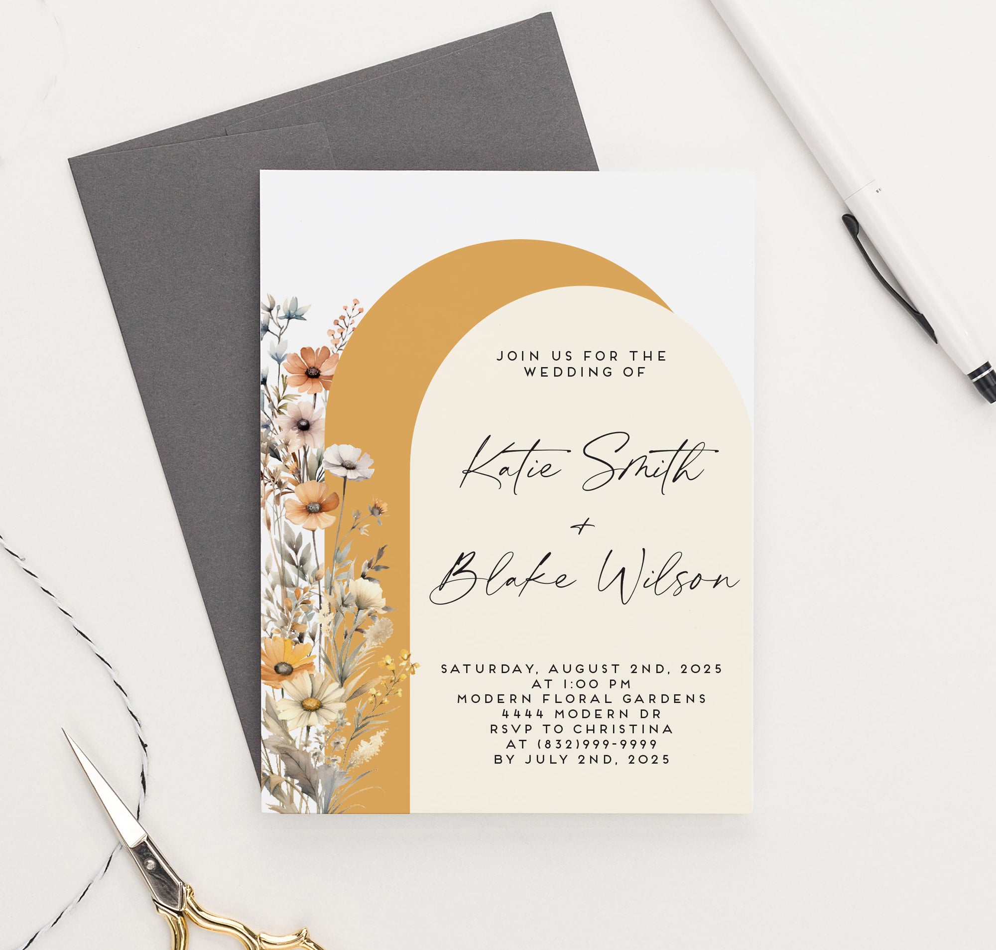 Fall Orange Arched Wedding Invitations with Wildflowers