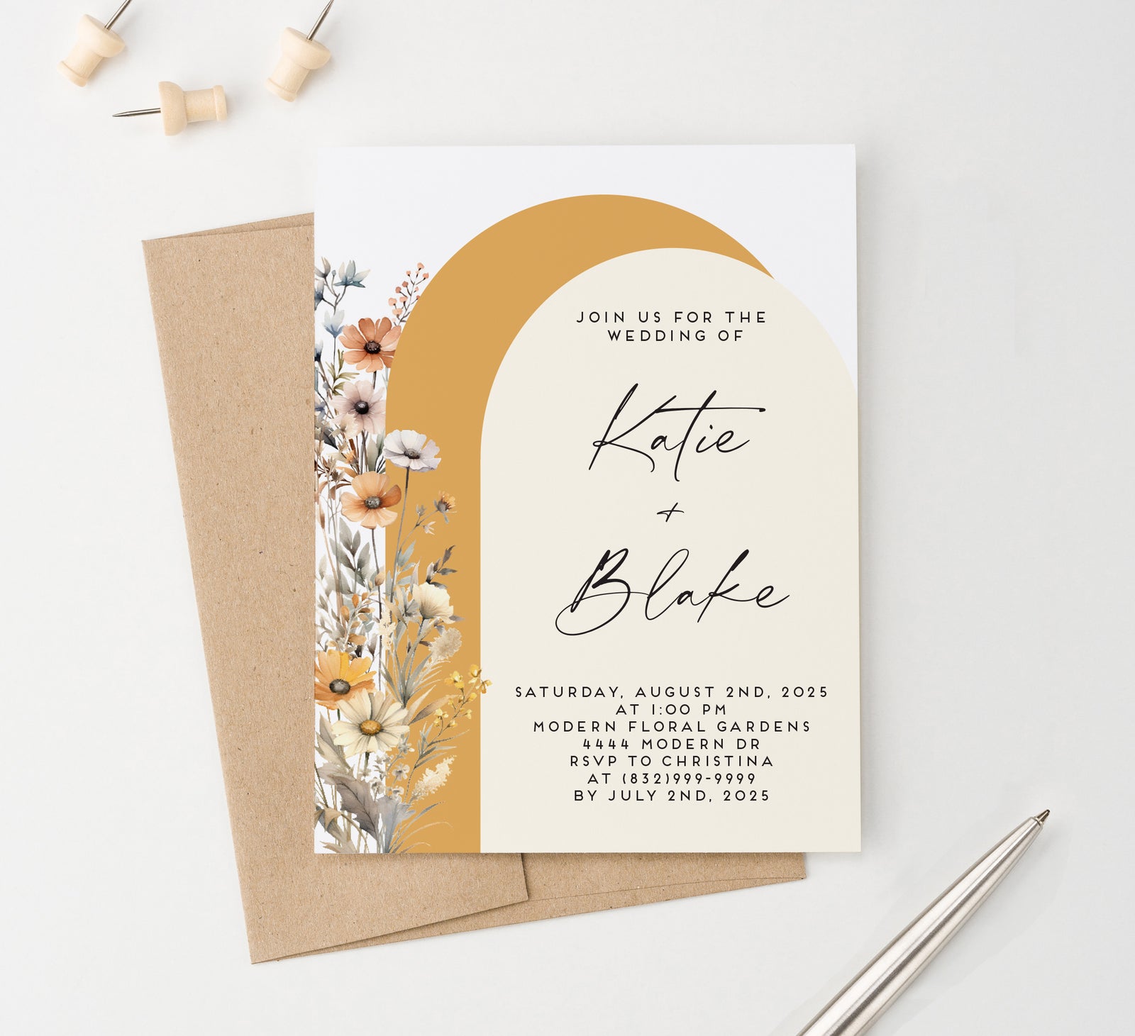 Fall Orange Arched Wedding Invitations with Wildflowers