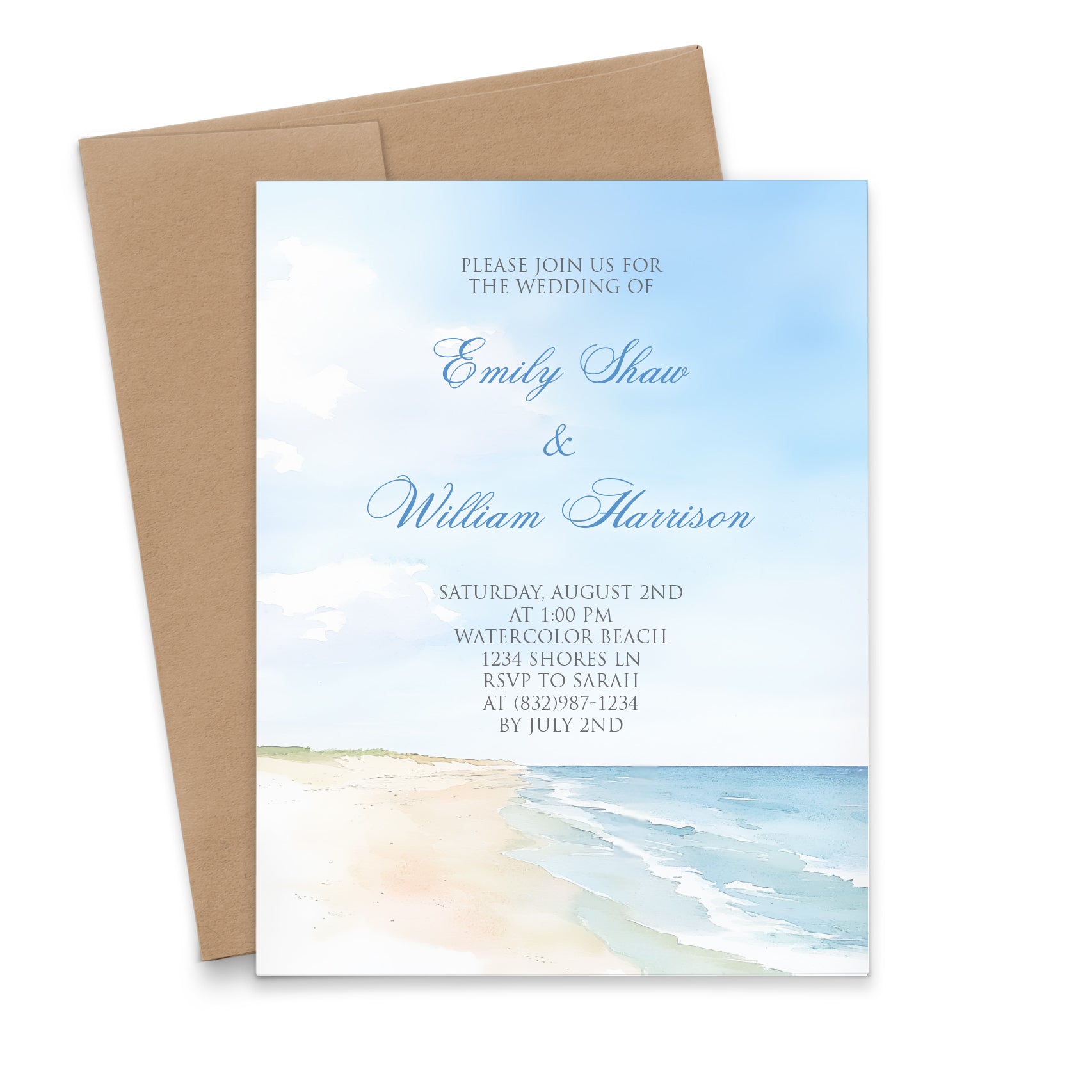 Watercolor Elegant Wedding Invitations Beach Theme