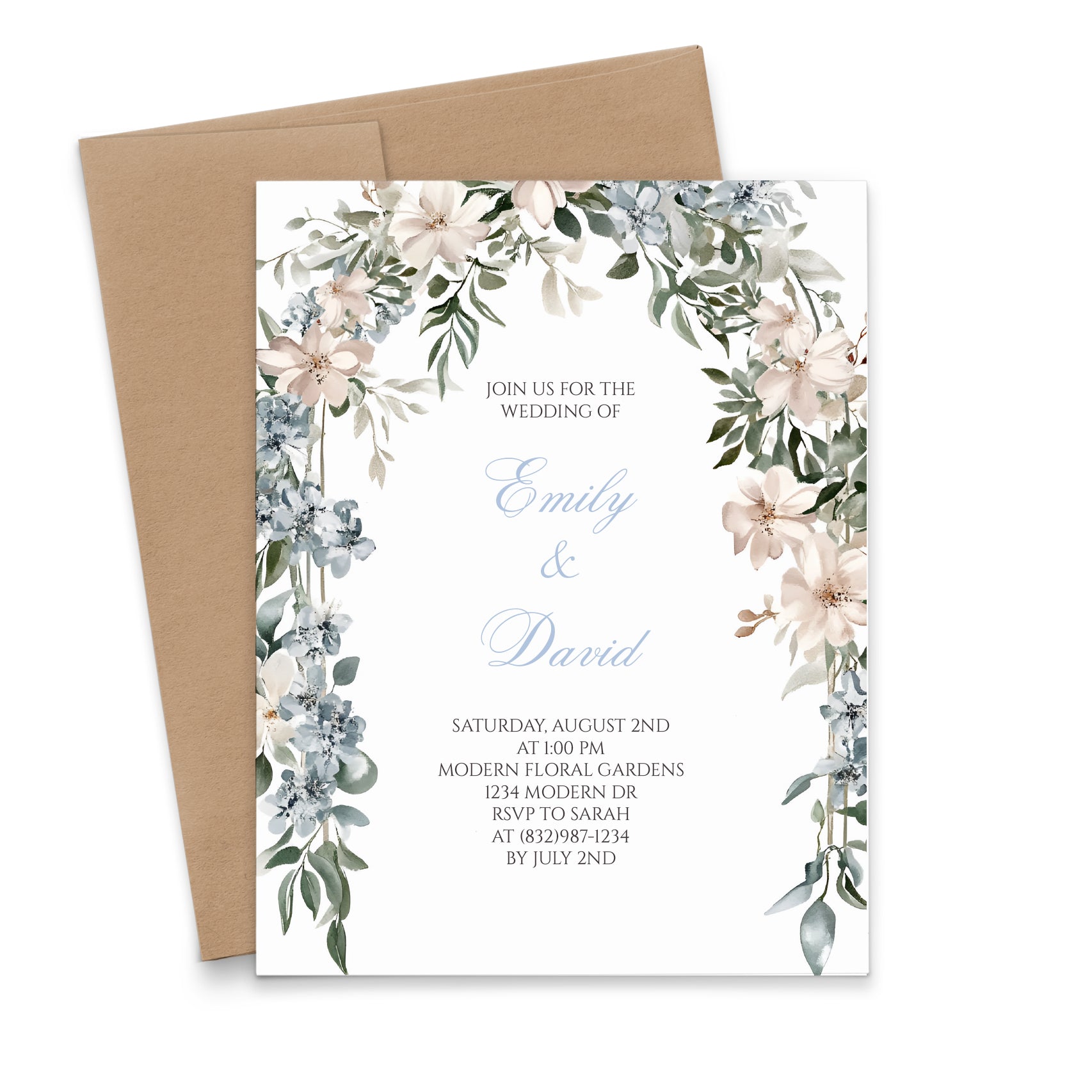 Dusty Blue Personalized Wedding Invitation With Florals