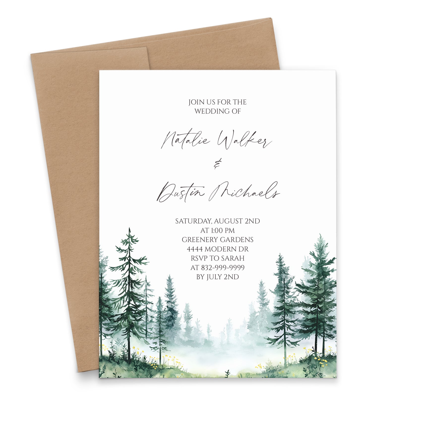 Watercolor Forest Wedding Invitations With Greenery