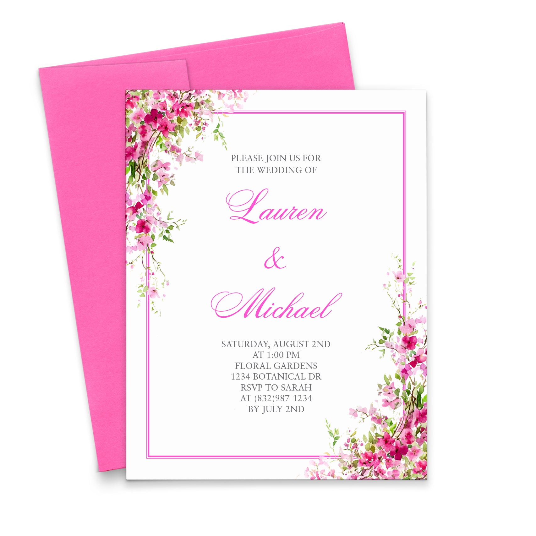 Pink Floral Personalized Wedding Invitations With Border