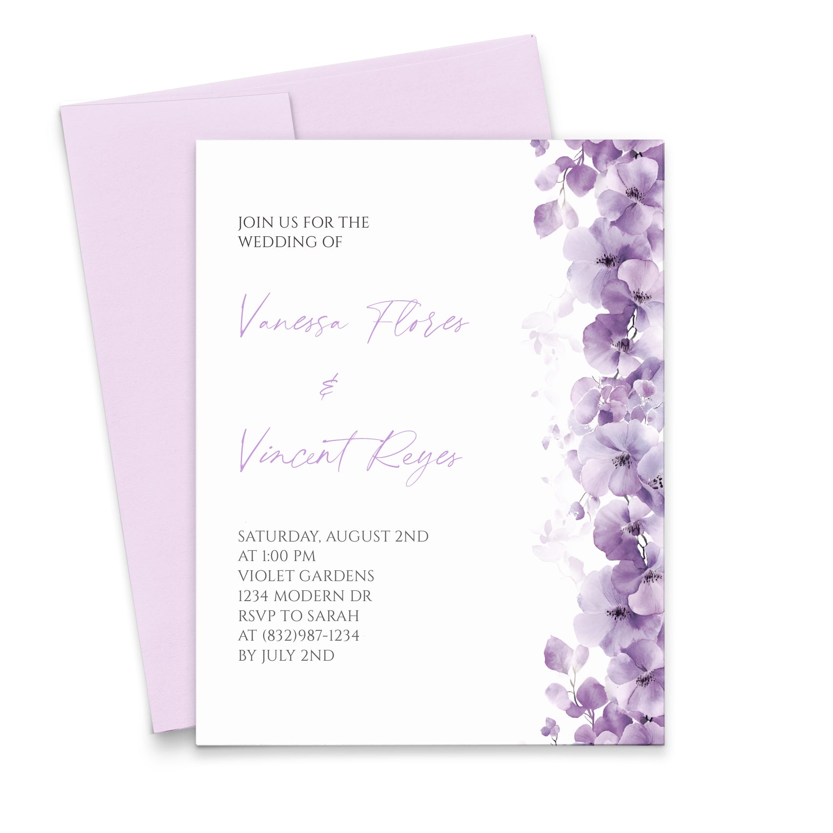 Elegant Purple Floral Wedding Invitations Personalized