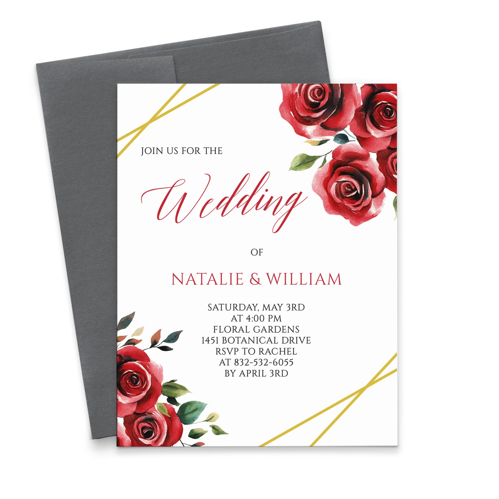 Red And Gold Custom Wedding Invitations With Watercolor Roses