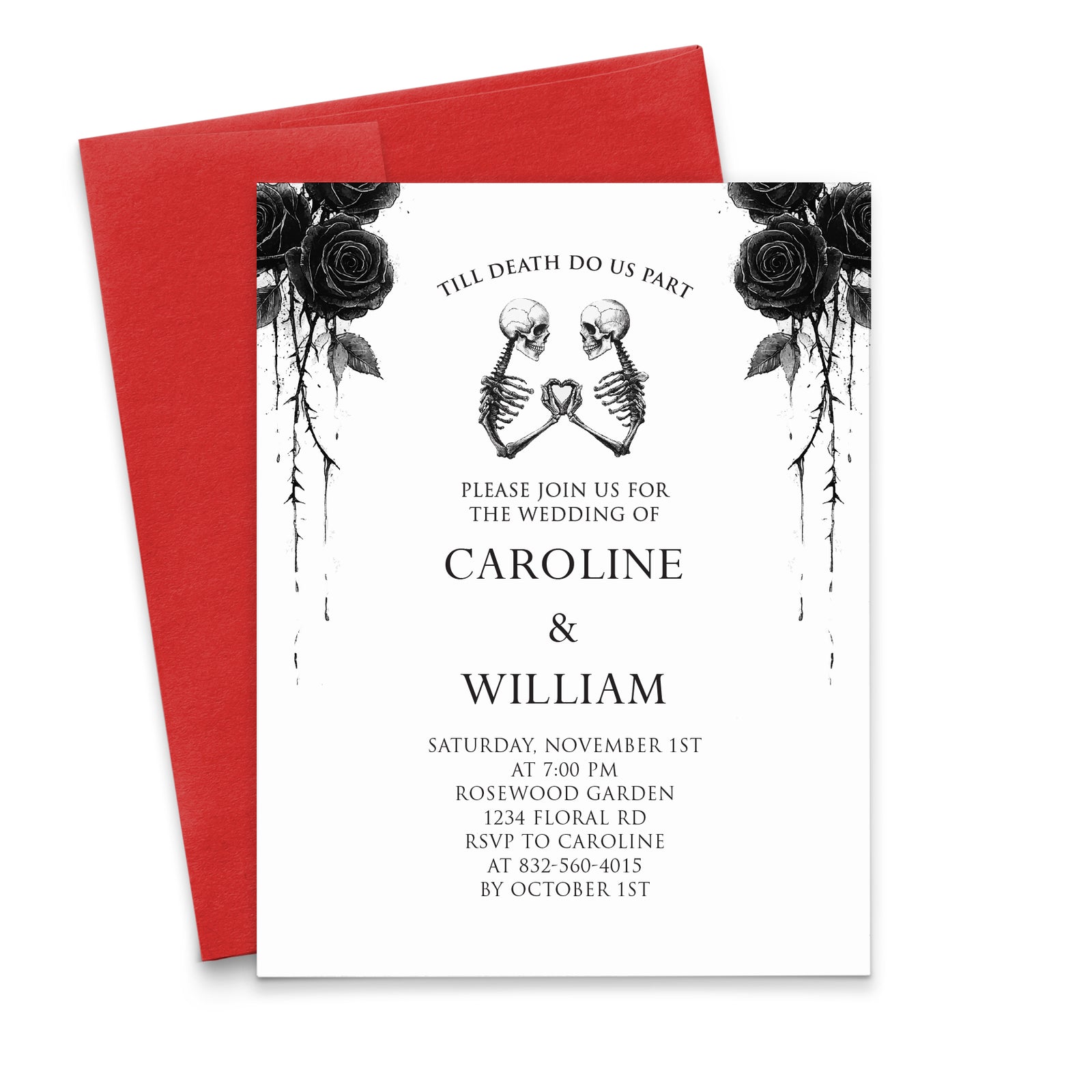 Black Rose Personalized Wedding Invitations with Skeletons