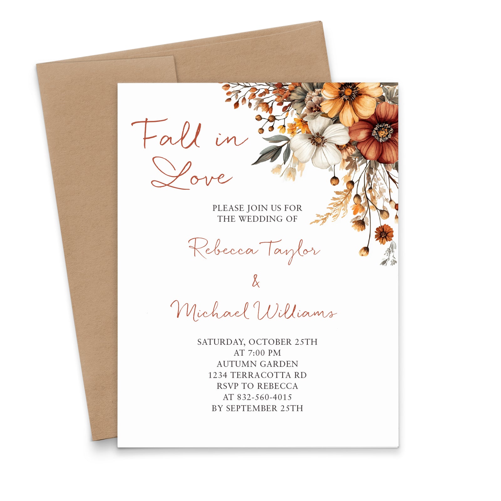 Fall in Love Watercolor Floral Wedding Invitations