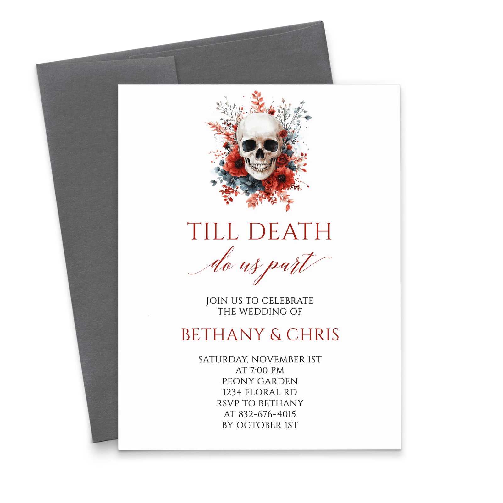 Skull and Red Floral Halloween Wedding Invitations