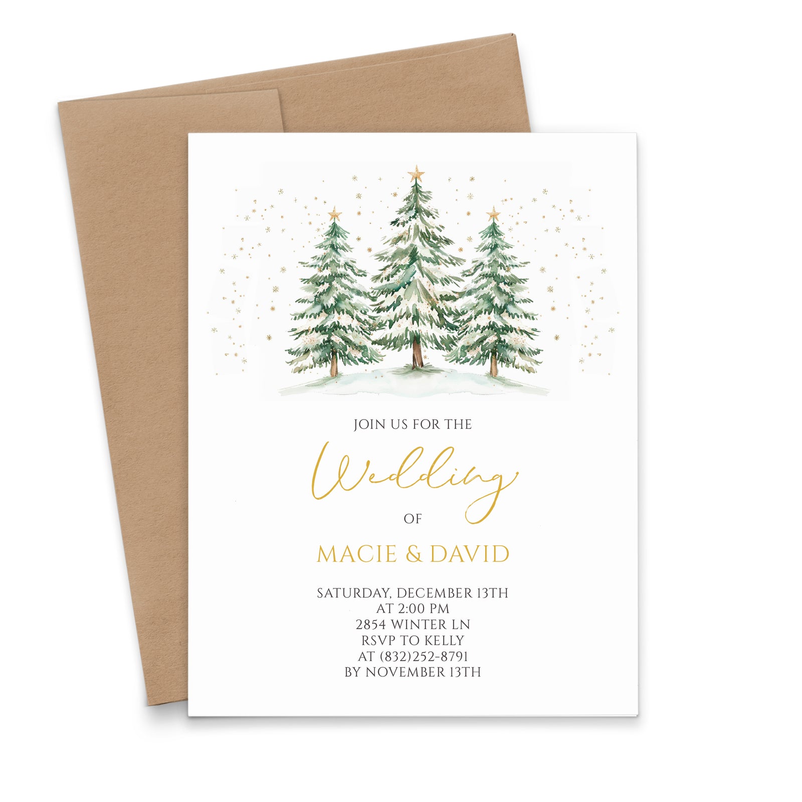 Watercolor Pine Tree Winter Wedding Invitations
