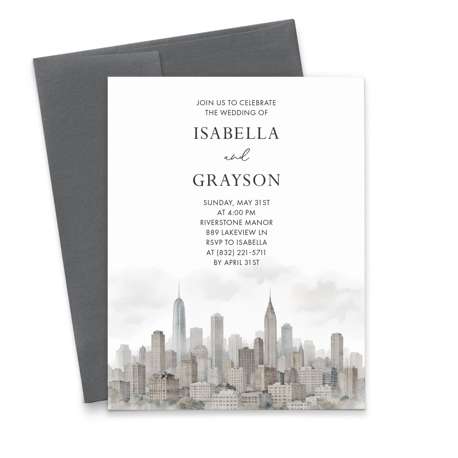Watercolor City Skyline Personalized Wedding Invitations