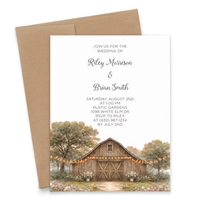 Rustic Barn Watercolor Wedding Invitation Cards