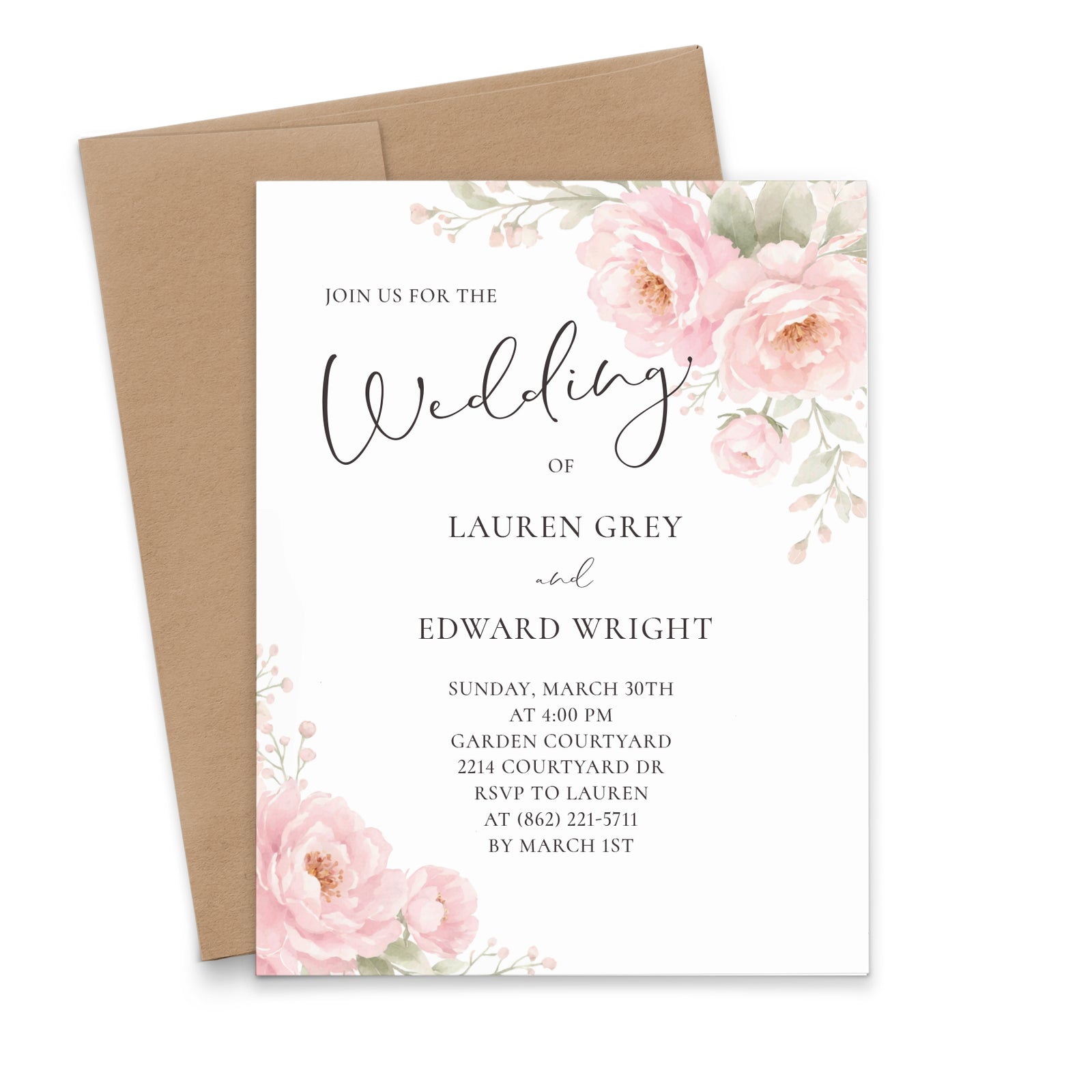 Pink Peony Watercolor Personalized Wedding Invitations
