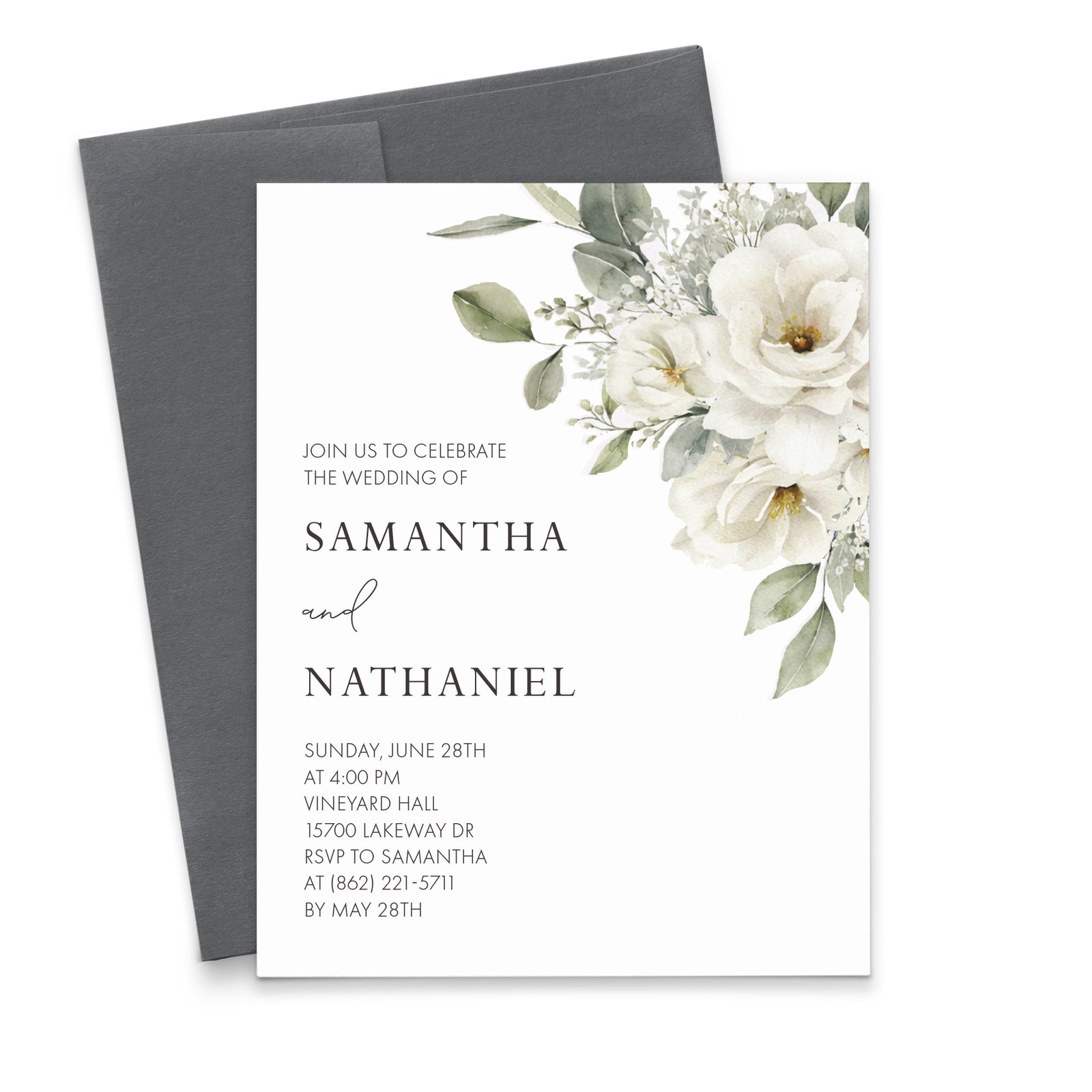 White Floral Greenery Wedding Invitations with Envelopes