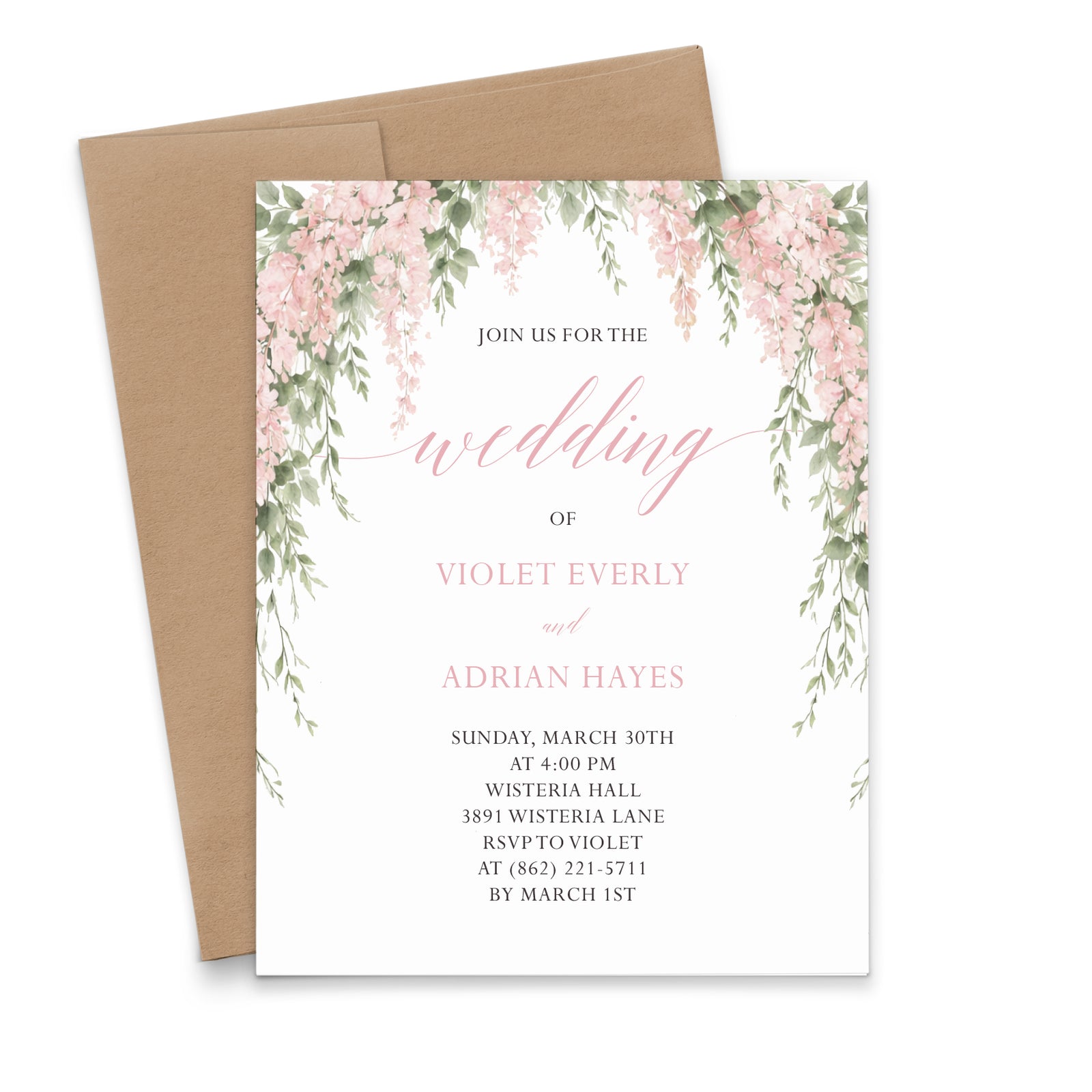 Pink Wisteria Watercolor Custom Wedding Invitations
