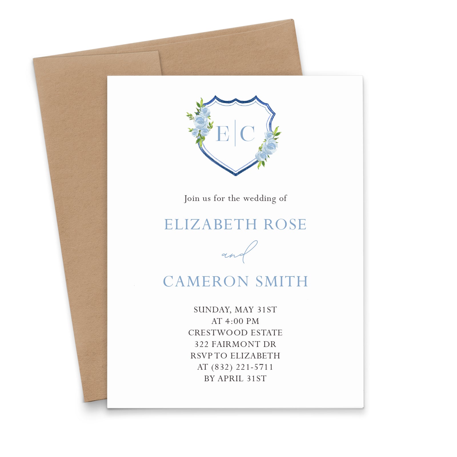 Blue Floral Monogram Crest Wedding Invitation Cards
