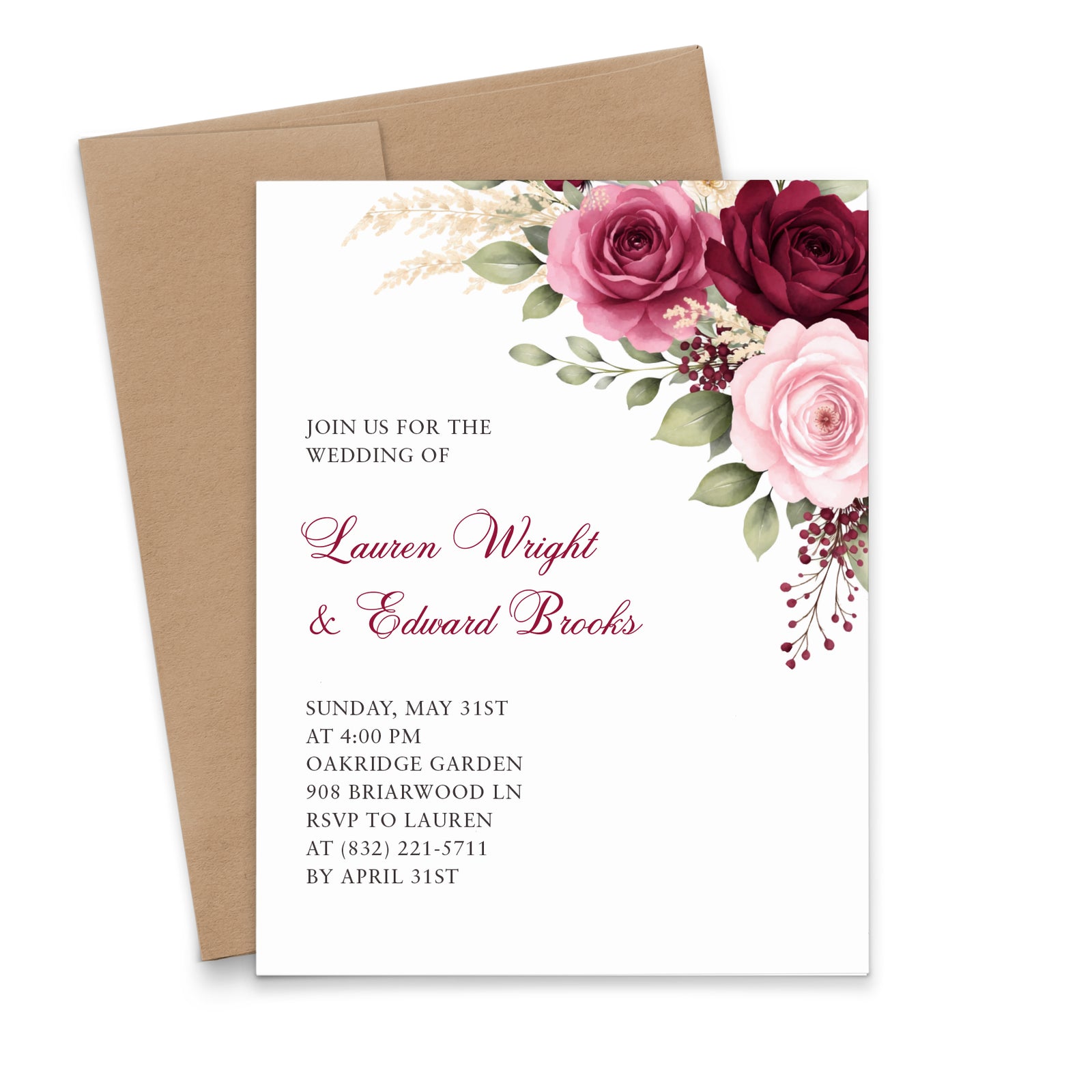 Burgundy and Pink Rose Custom Wedding Invitations