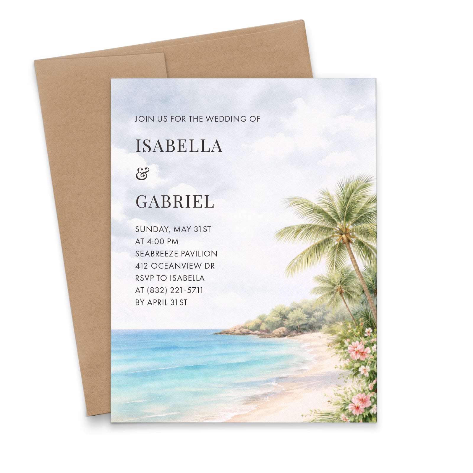 Tropical Beach Watercolor Wedding Invitations