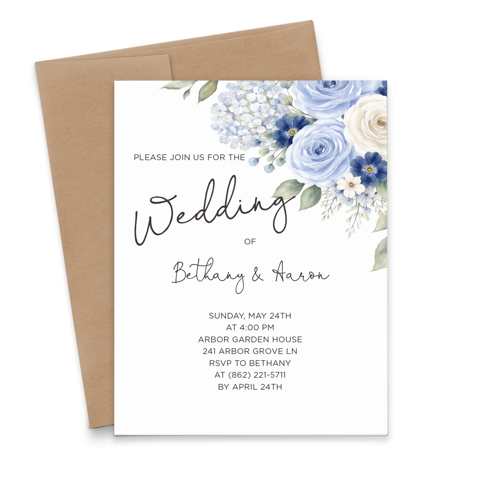Dusty Blue and Navy Floral Wedding Invitations