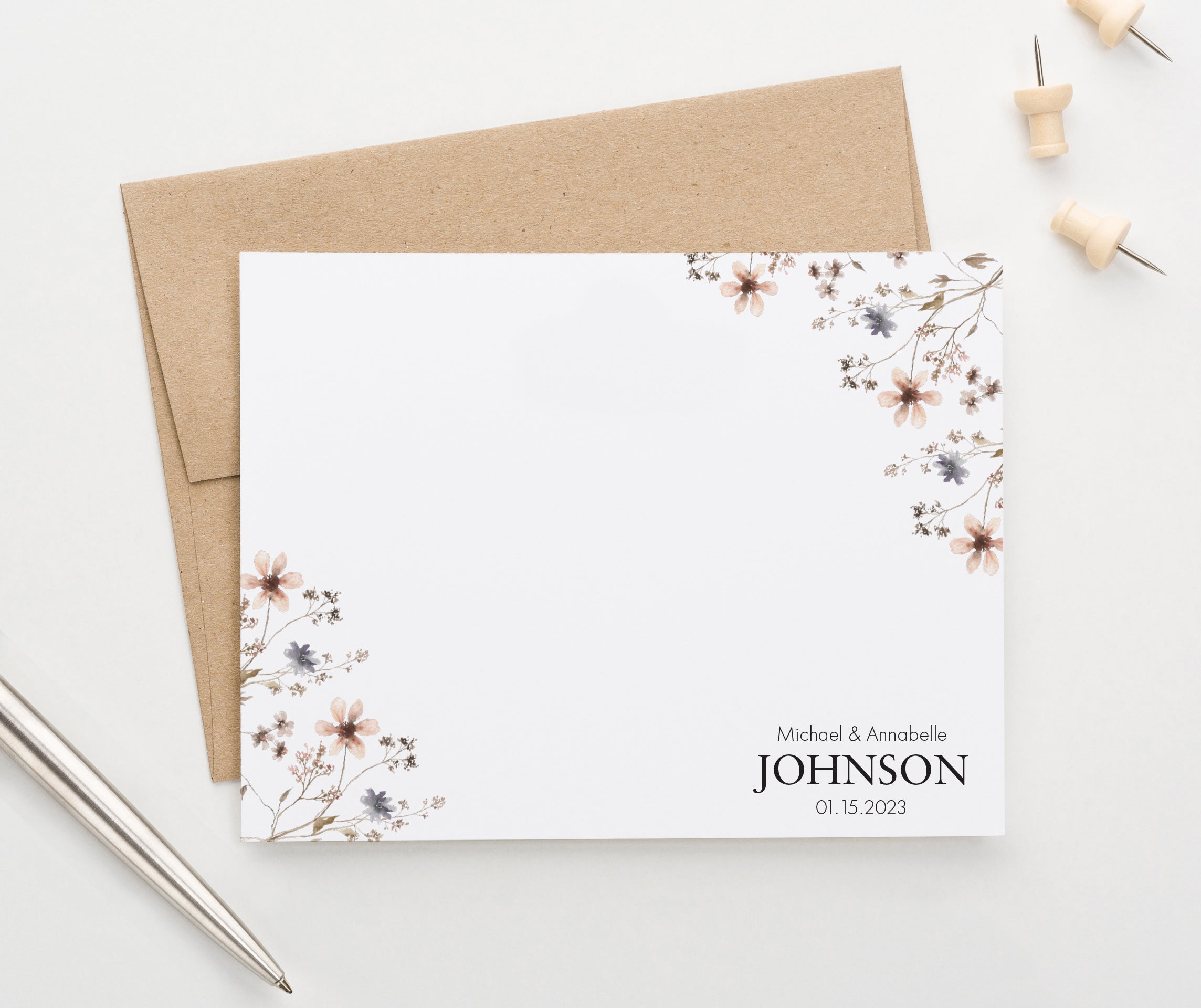 Simple Wildflower Personalized Stationery For Couples - Modern Pink Paper