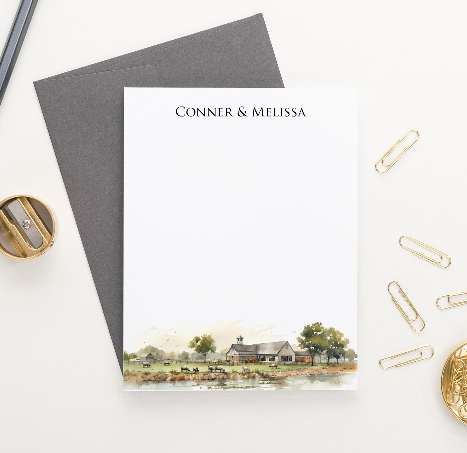 Farmhouse Landscape Couple Note Cards Personalized With Cows