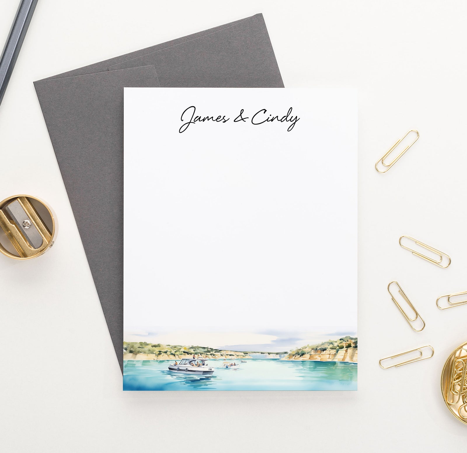 Summer Lake Landscape Couple Personalized Stationery With Boat