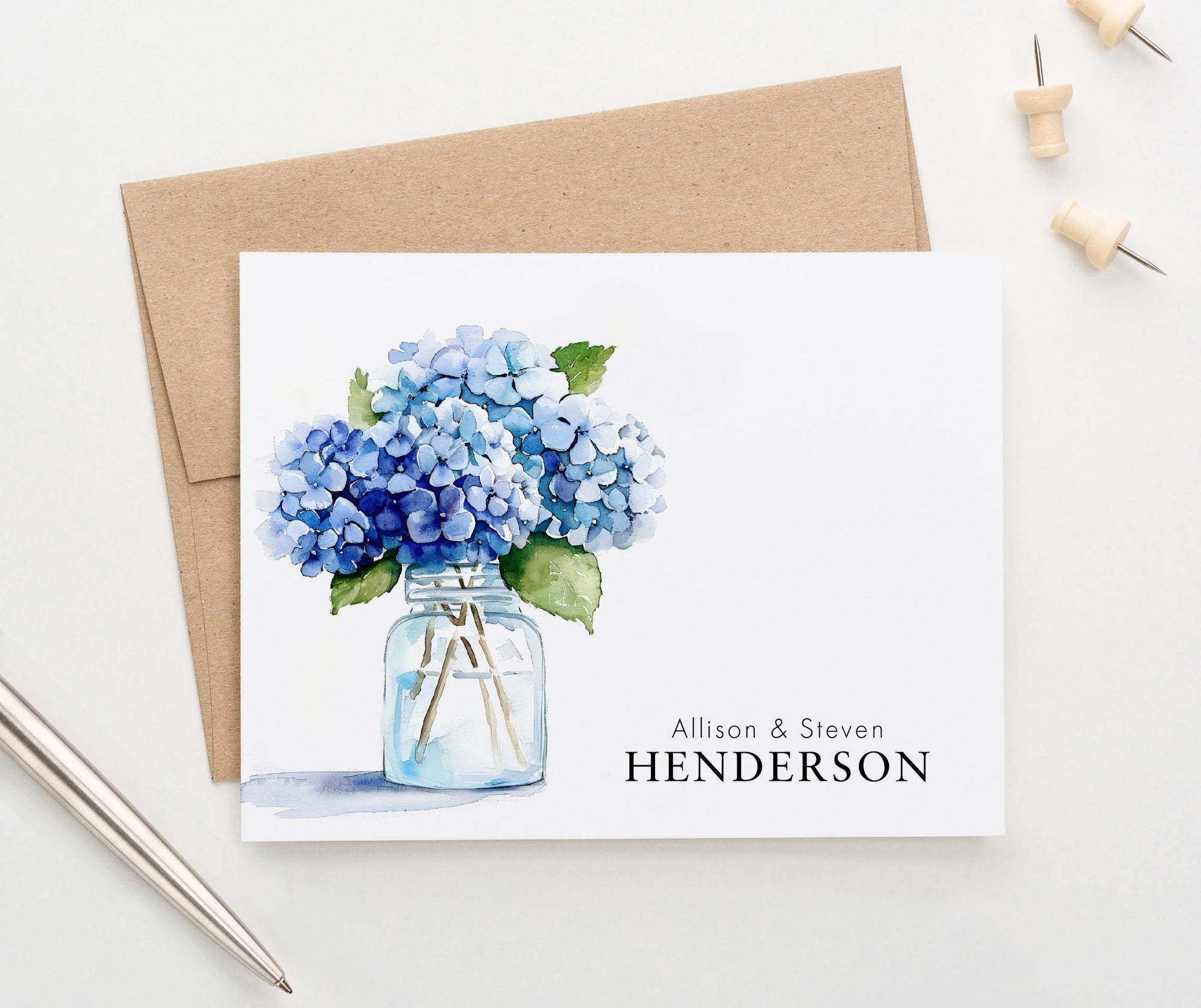 Folded Blue Hydrangea Personalized Stationery For Couples