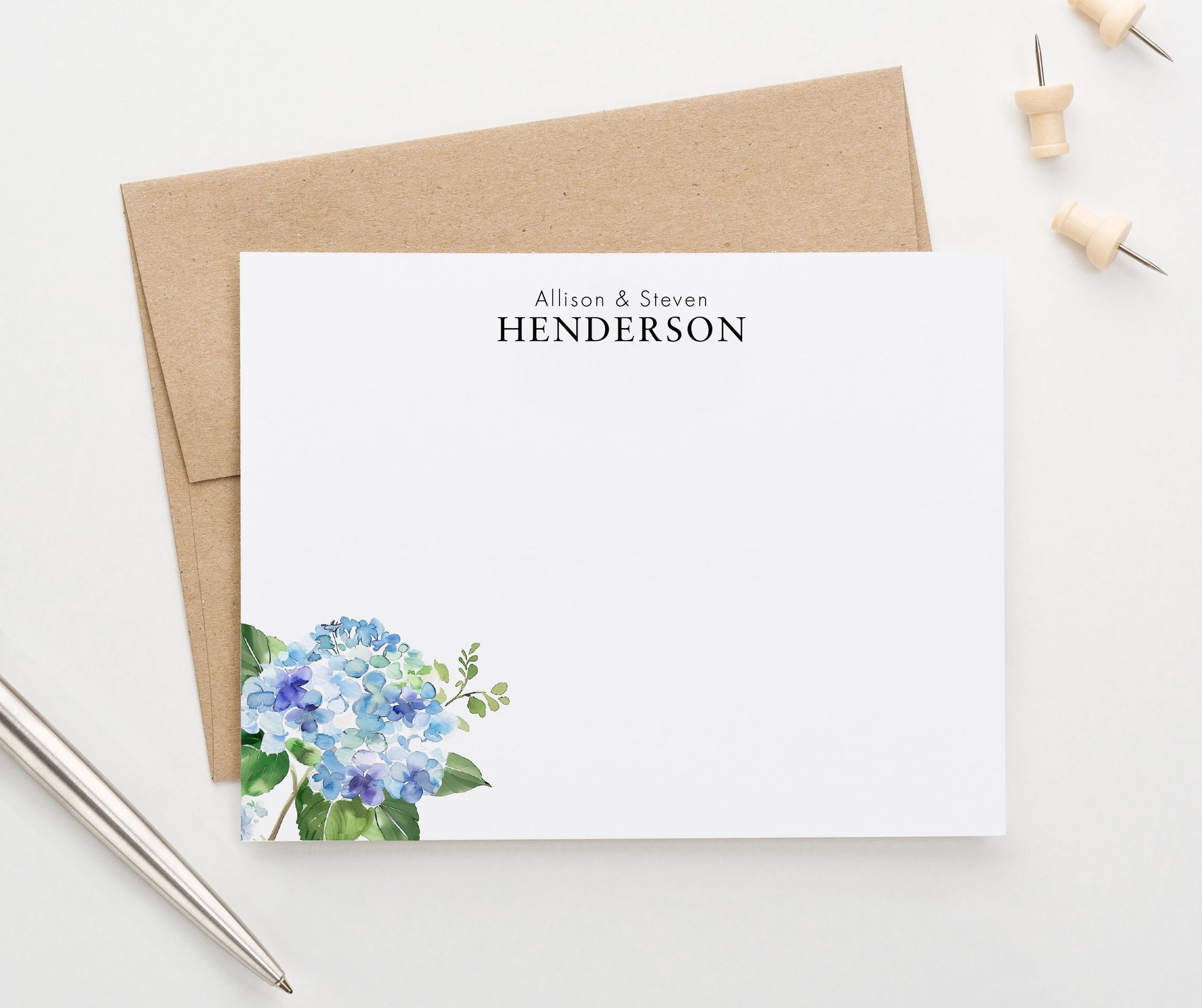 Watercolor Hydrangea Personalized Note Cards For Couples