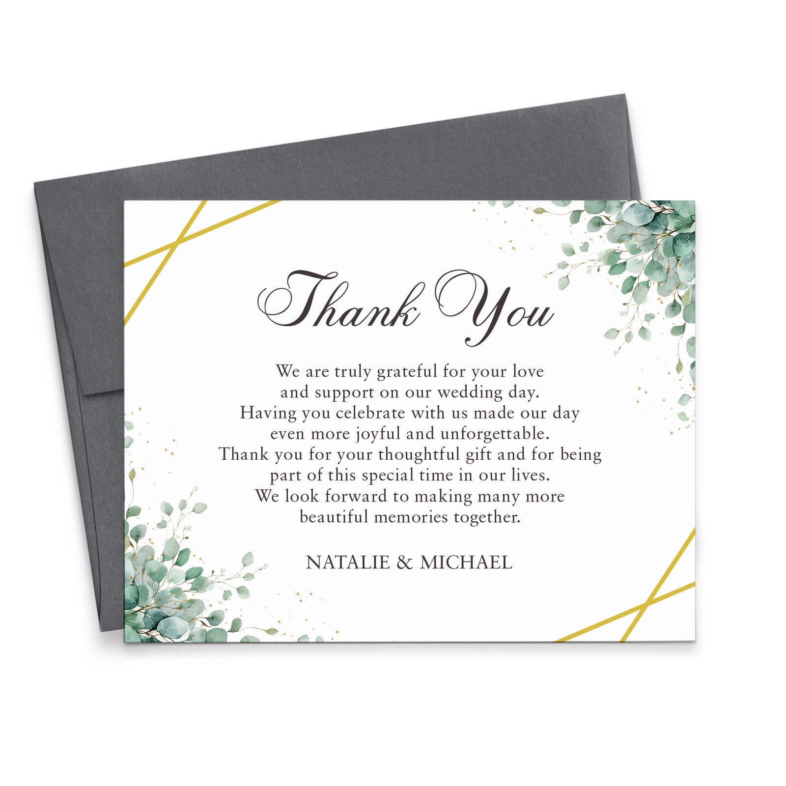 Green And Gold Wedding Thank You Cards With Eucalyptus