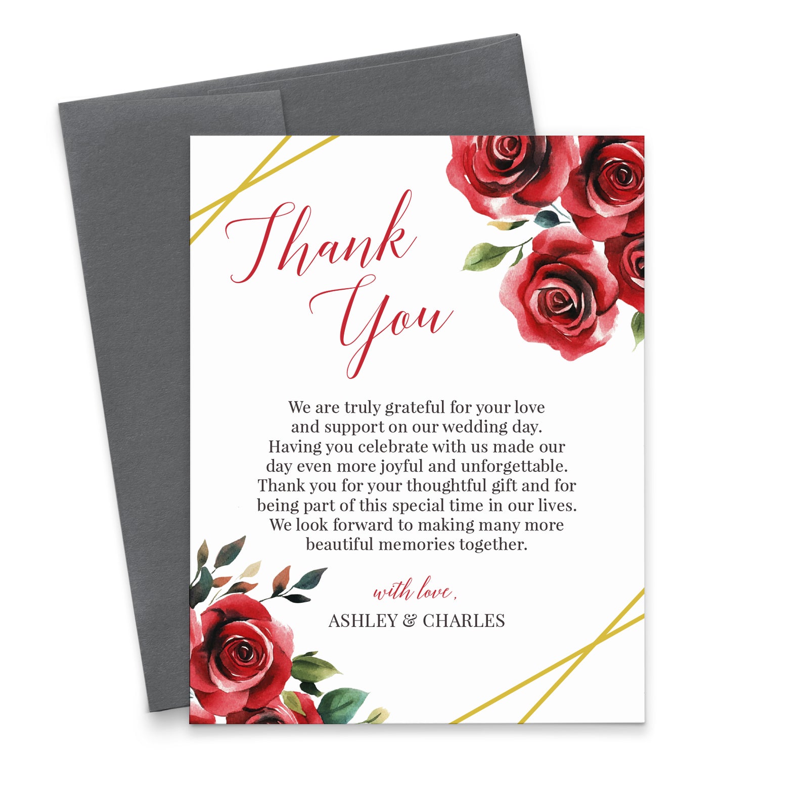 Red And Gold Custom Wedding Thank You Cards With Roses