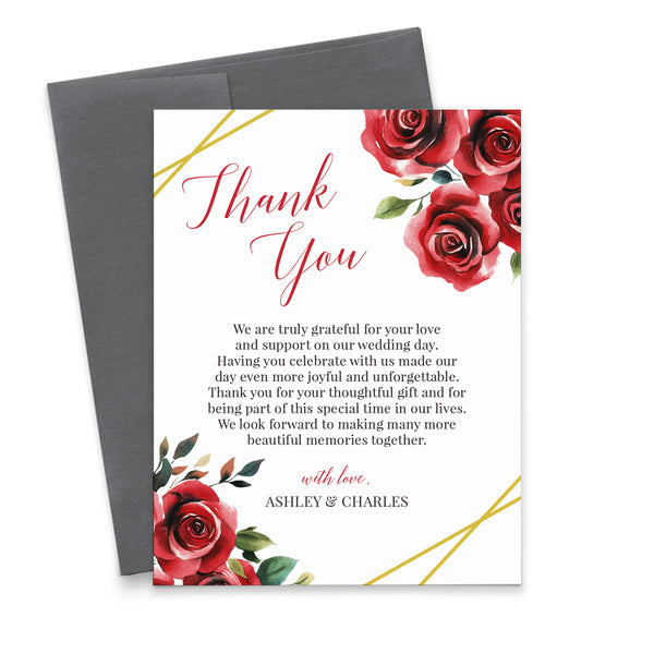 Red And Gold Custom Wedding Thank You Cards With Roses - Modern Pink Paper