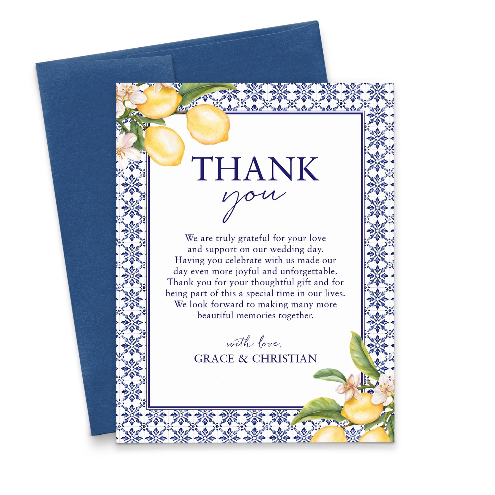 Capri Lemon Wedding Thank You Cards Blue And White