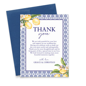 Capri Lemon Wedding Thank You Cards Blue And White