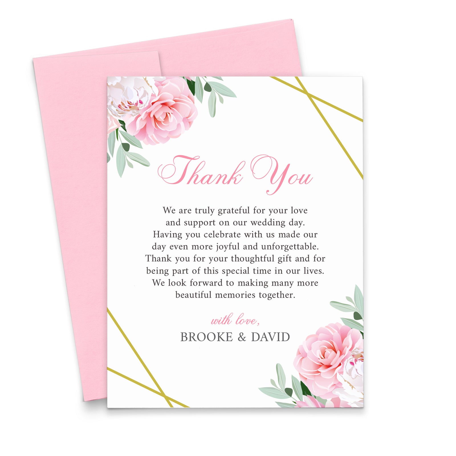 Chic Personalized Wedding Thank You Cards With Pink Peonies