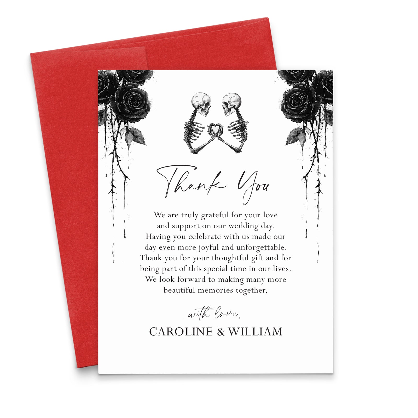 Gothic Skeleton and Black Rose Wedding Thank You Notes